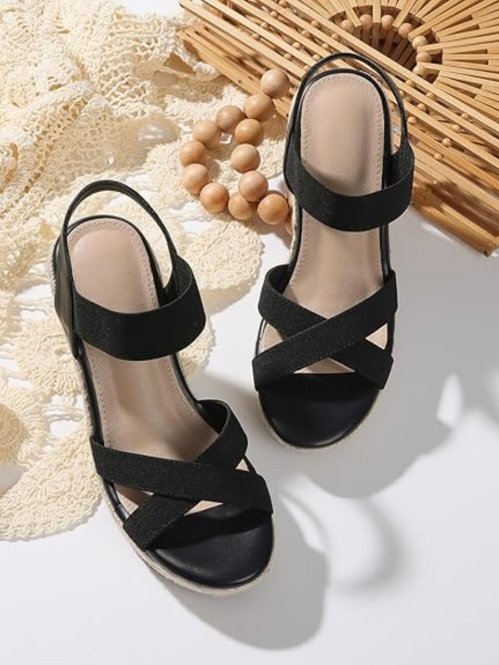 Women's Open Toe Espadrilles Wedge Sandal Slip On Elastic Ankle Strap Platform S